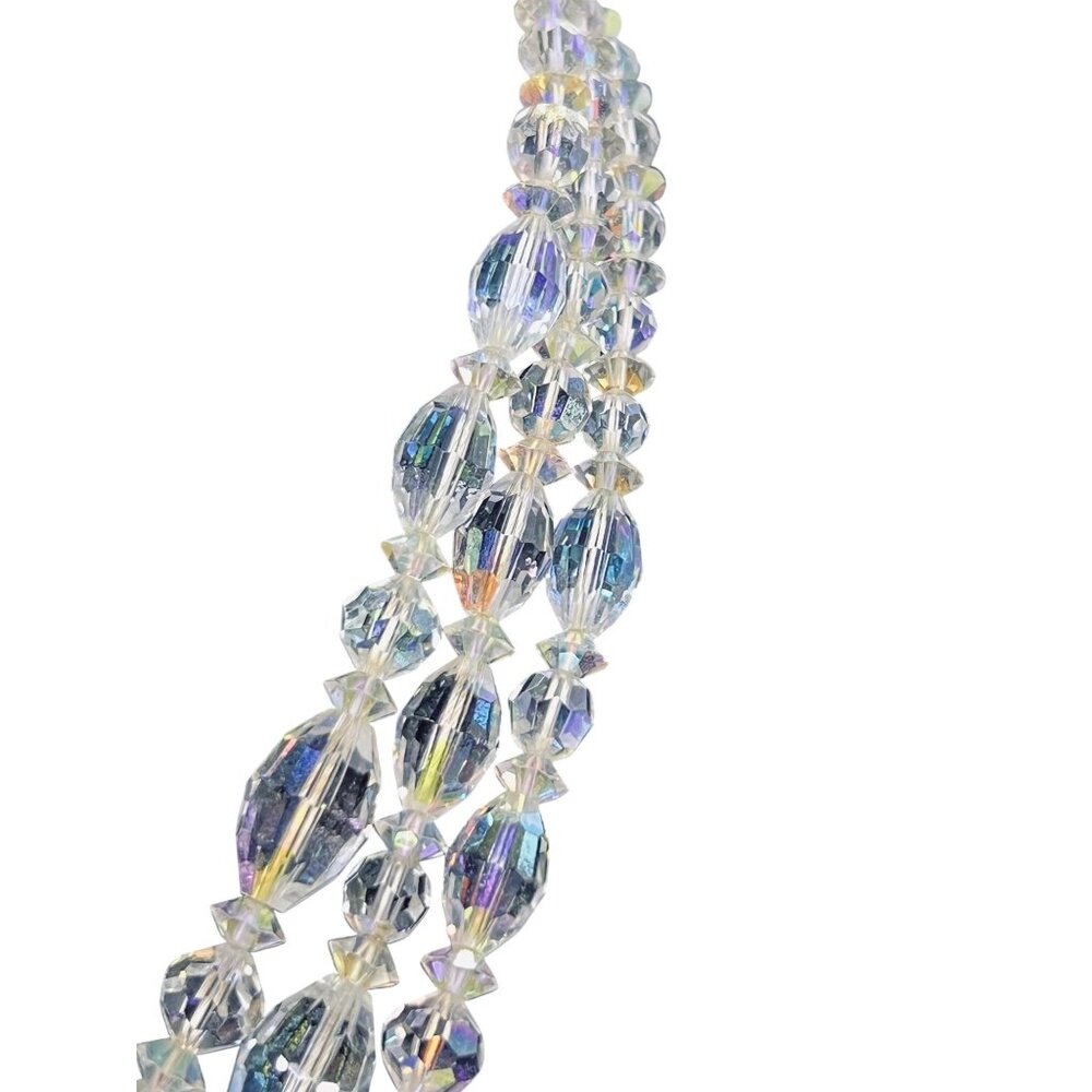 Vintage Triple Strand Aurora Borealis Rhinestone Beaded Necklace (6187) - Picture 4 of 8